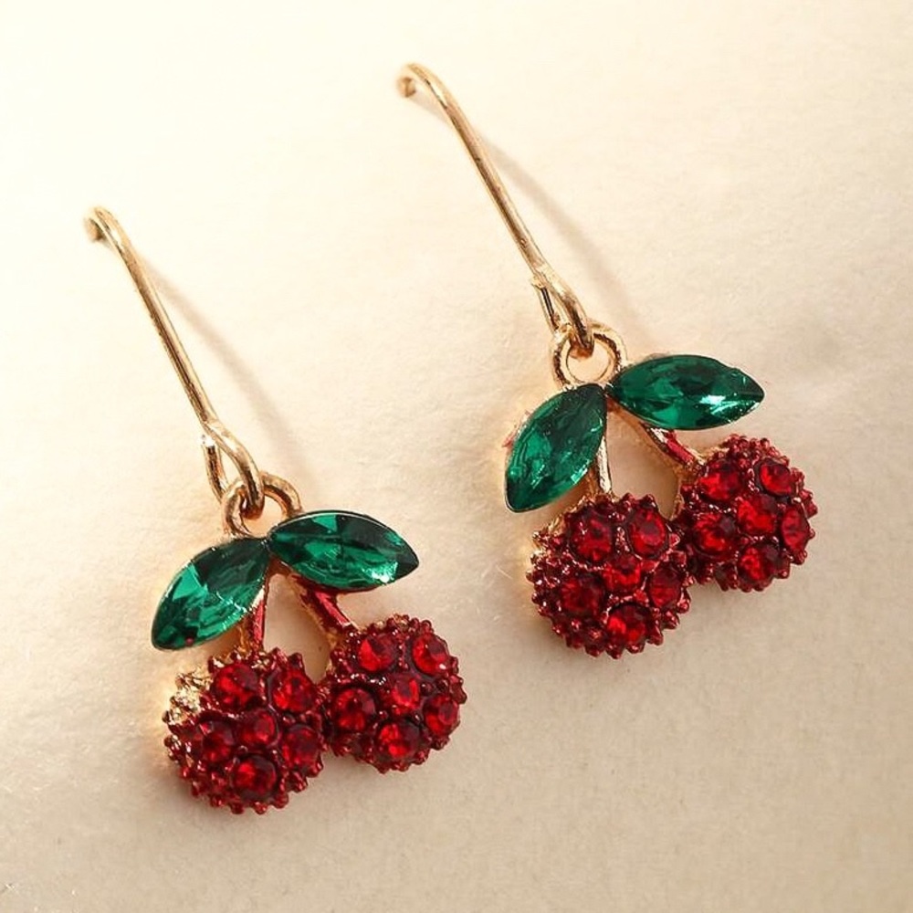 Any 2/$20! Gold Cherry w/Leaves Drop Earrings - Picture 3 of 9